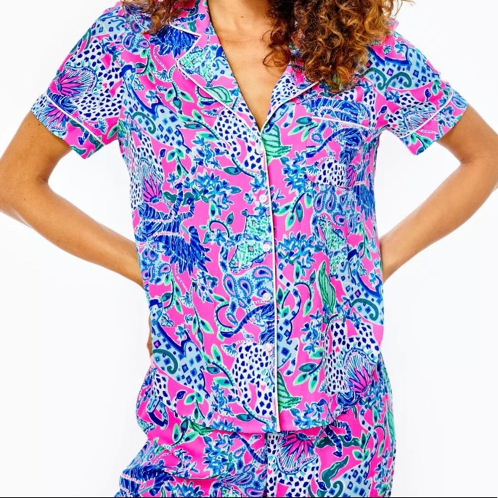 Lilly Pulitzer Pajama Woven Short Sleeve Top Plumeria Pink Untamed Hearts